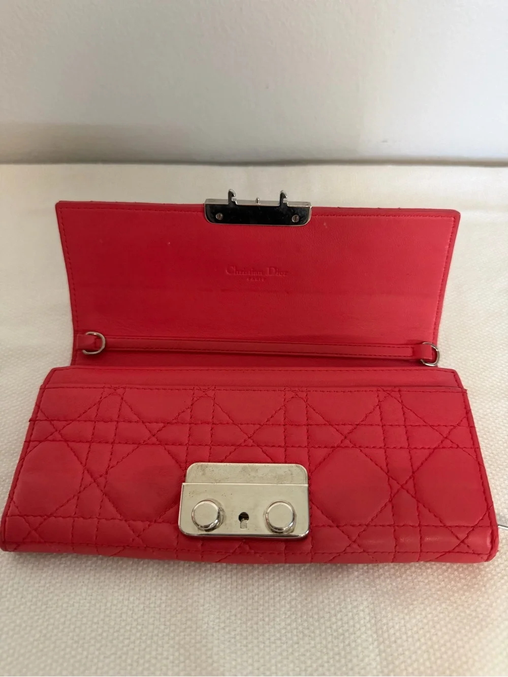Dior Miss Dior Cannage Long Wallet Lambskin Coral Pink with Silver Hardware